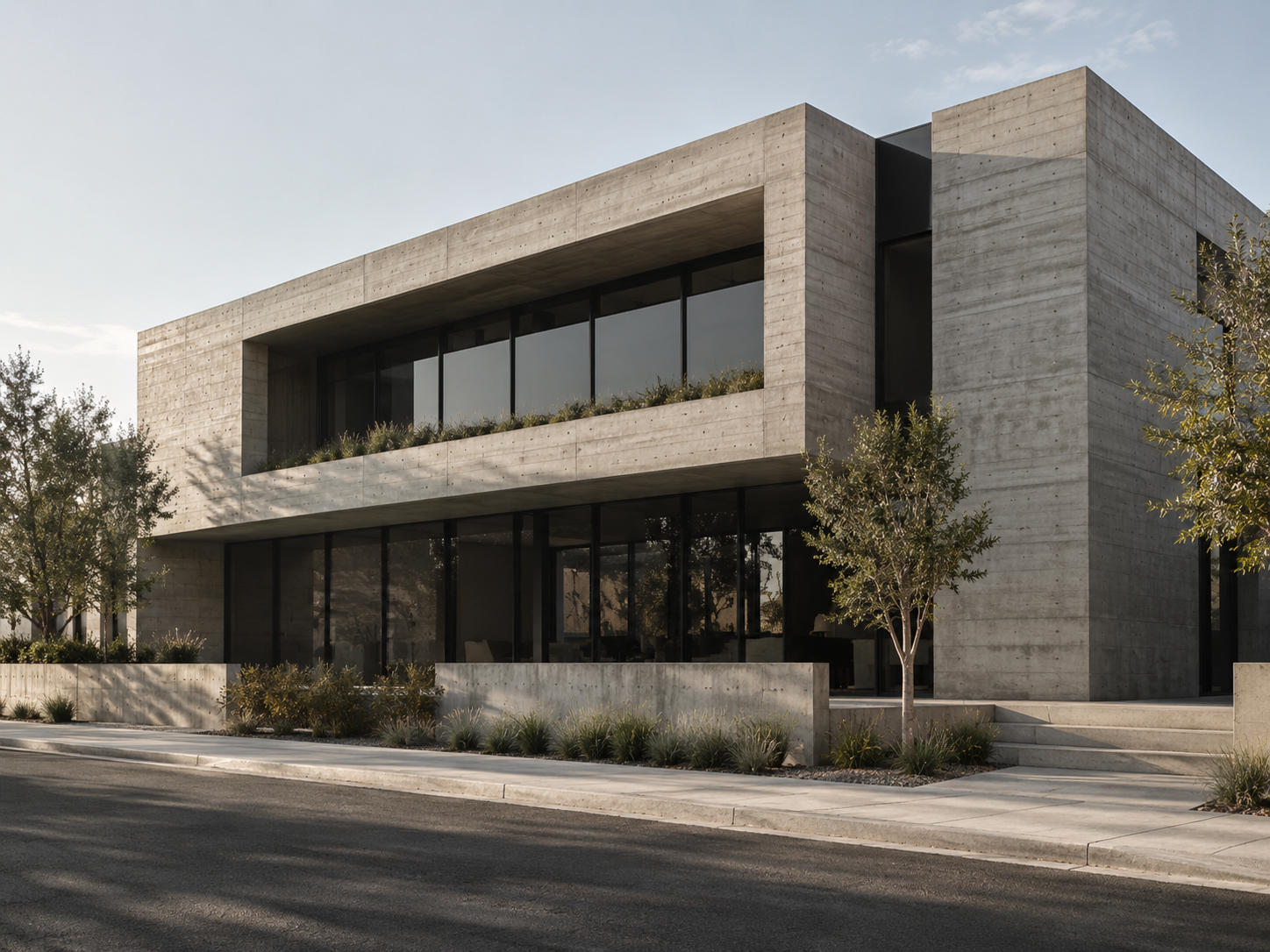 A minimalist concrete building with deep architectural shadows