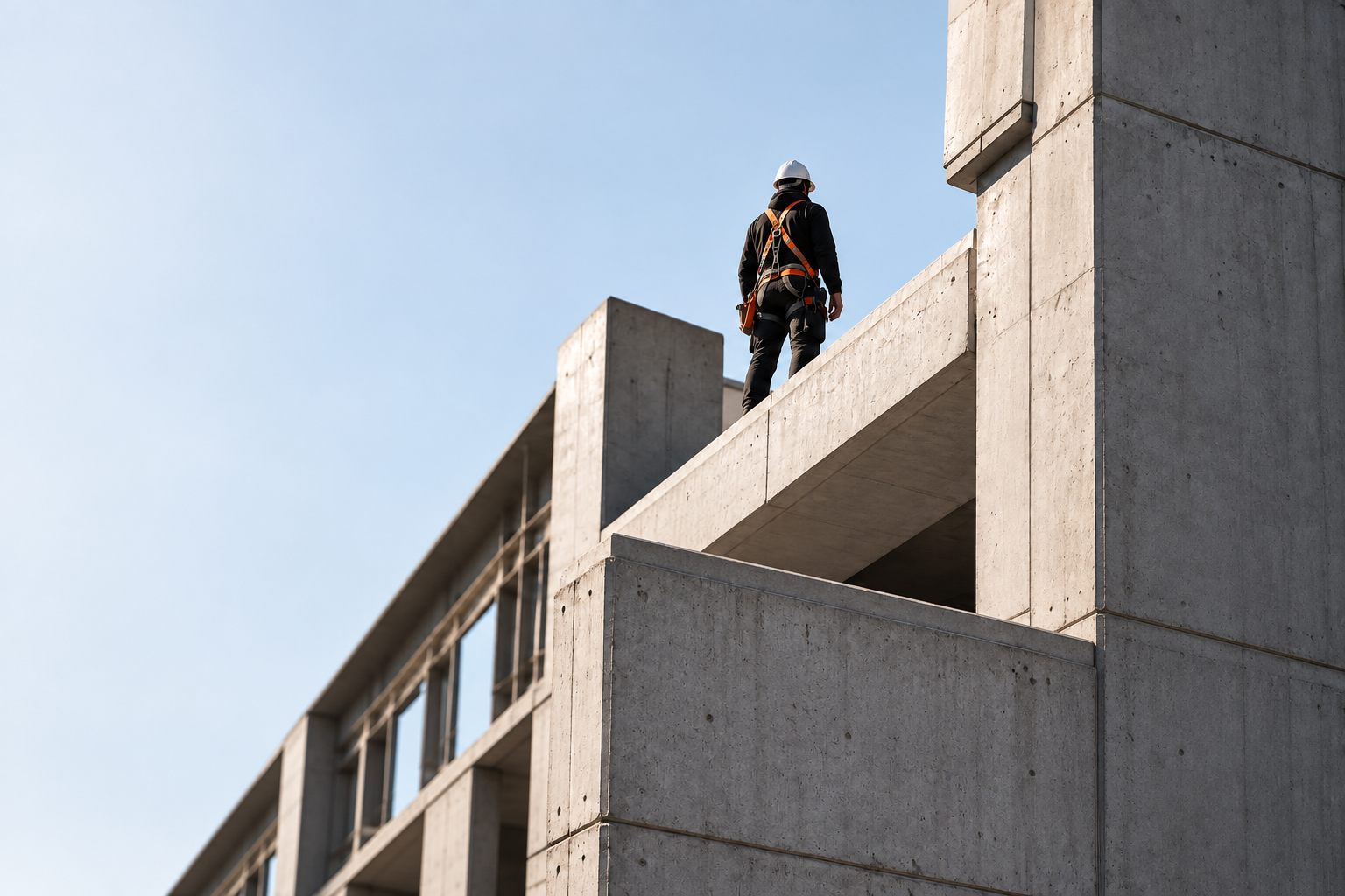 Construction worker on an exposed-concrete building under a pale blue sky