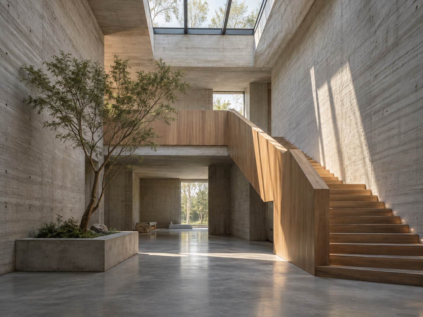 A bright concrete atrium with an oak staircase and courtyard planting